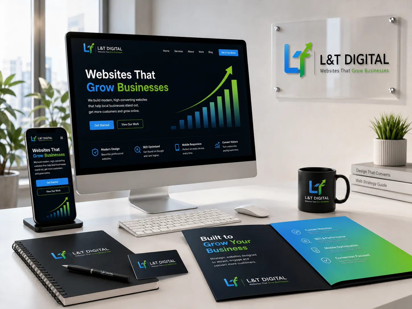 L&T Digital brand identity across desktop, mobile, print and merchandise